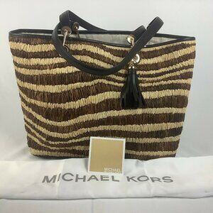 Michael Kors Malibu Brown Rafia Straw Tote Bag